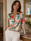 Women's Retro Ink-Wash Floral Satin Blouse – Deep V-Neck Lapel