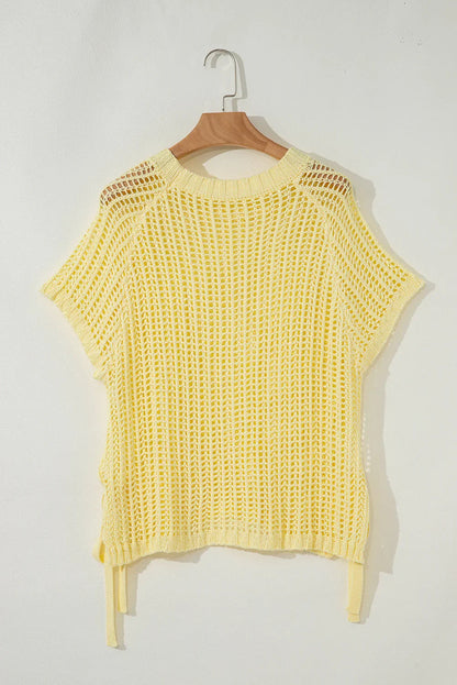Pink Side Tie Hollow-out Crochet Knit Top