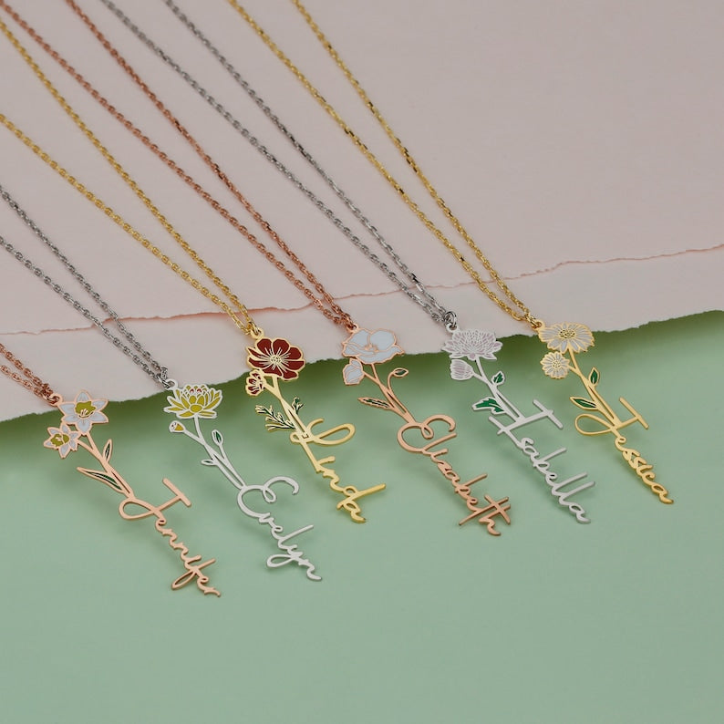 Personalized Birth Flower & Name Necklace
