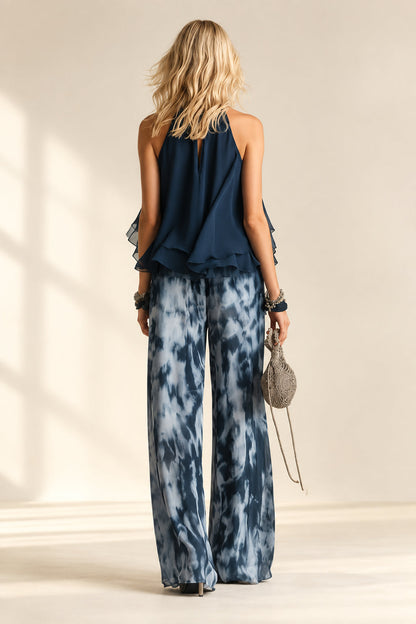 Women's Navy Ruffled Halter Top & Abstract-Print Palazzo Pants Set