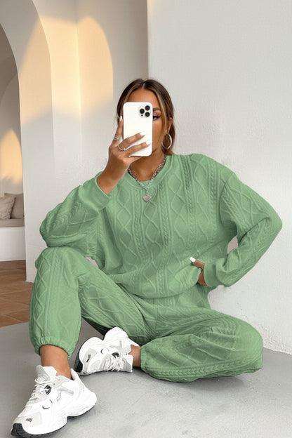Women's Cable-Knit Texture Sweatshirt & Jogger Pants Set