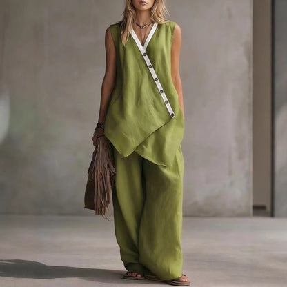 Women's Boho V-Neck Button Vest & Wide-Leg Pants Set