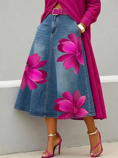 Women's Floral Print A-Line Midi Skirt – Denim-Style Boho Skirt