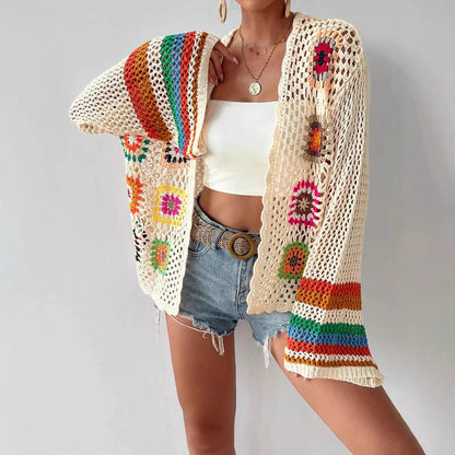 Hand-Crocheted Floral Cardigan Sweater | Boho Open Front Knit Top
