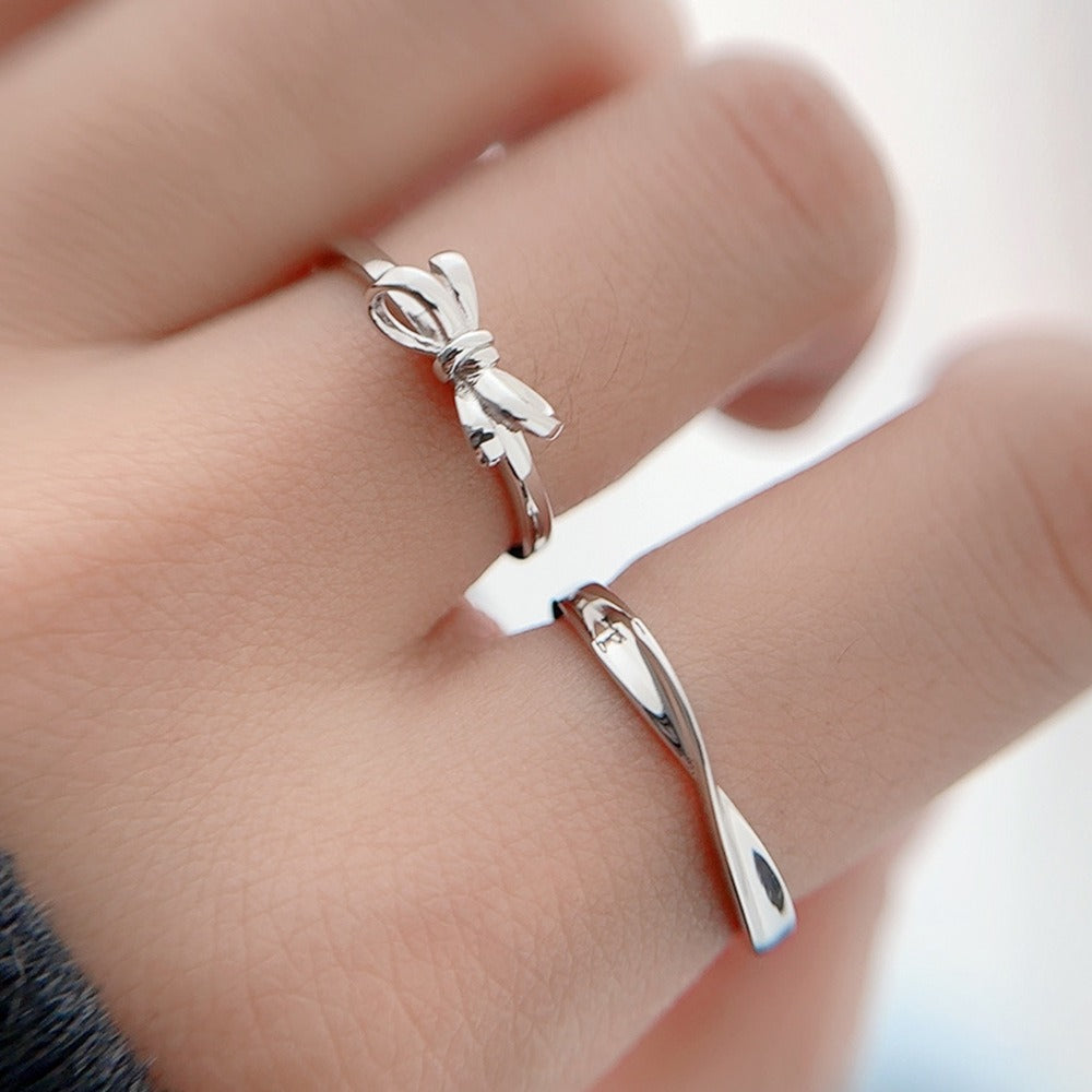 S925 silver heart knot entangled couple bowknot open ring