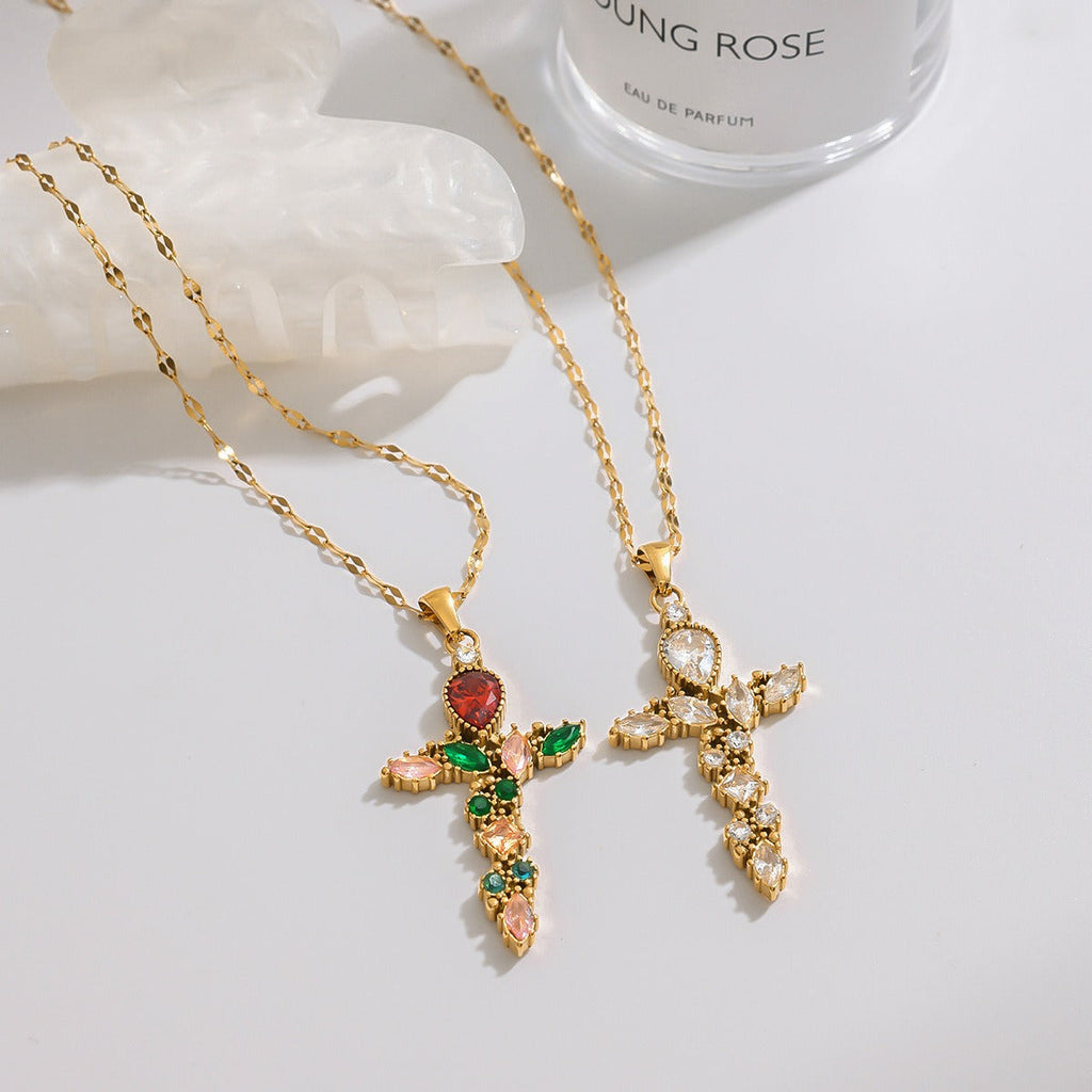18K Gold Cross Inlaid Gemstone Design Exquisite Fashion Necklace