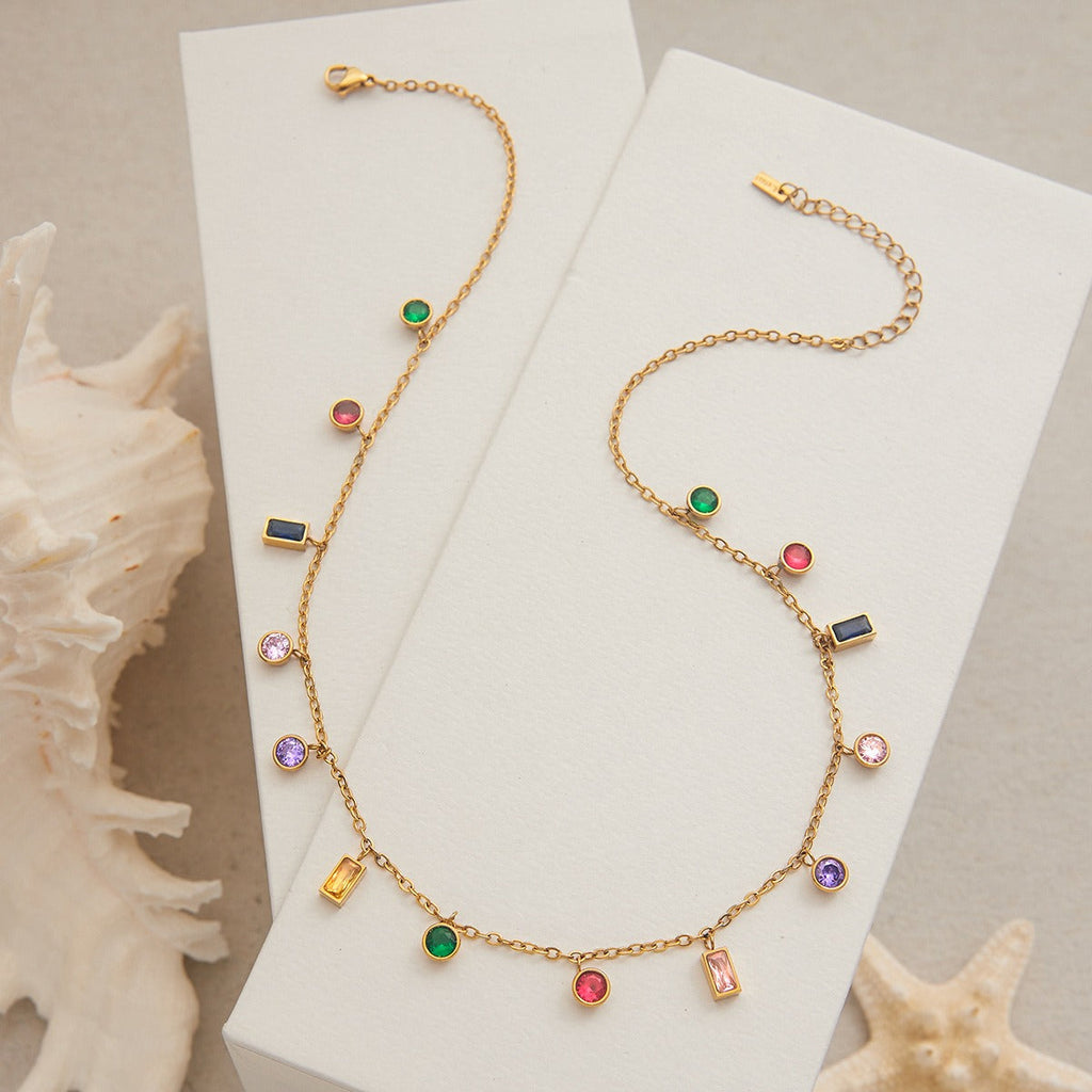 18K gold inlaid geometric gemstone design exquisite dazzling necklace
