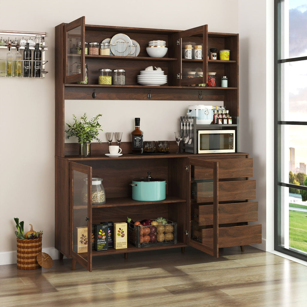 Large Kitchen Hutch Cabinet, Storage Kitchen Cupboard With 4 Doors, 4 Drawers & Microwave Shelf - Walnut