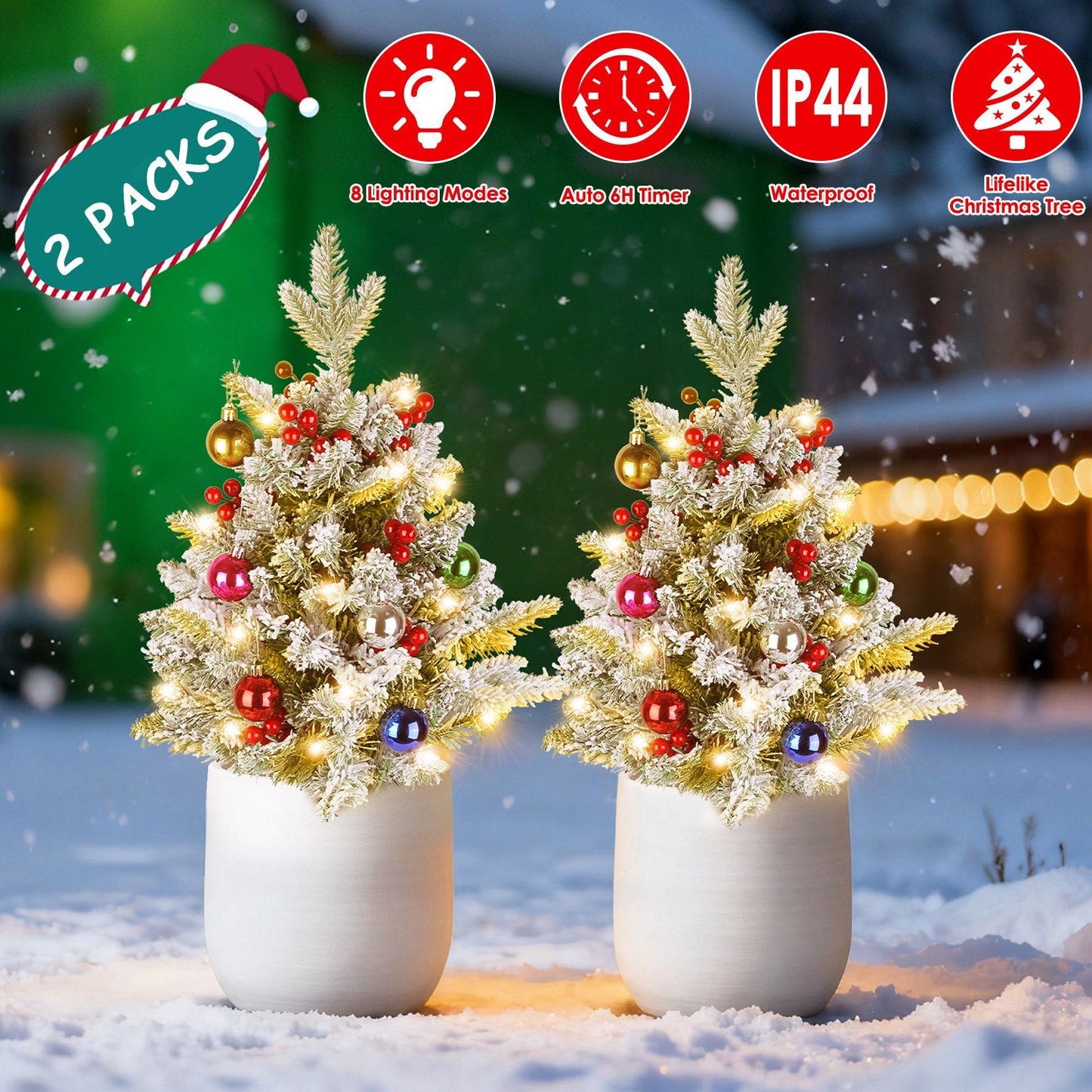 2Pcs Battery Powered Lighted Christmas Tree Urn Filler With Light Artificial Xmas Trees Light with Berries Balls LED Pathway Pine Tree IP44 Waterproof
