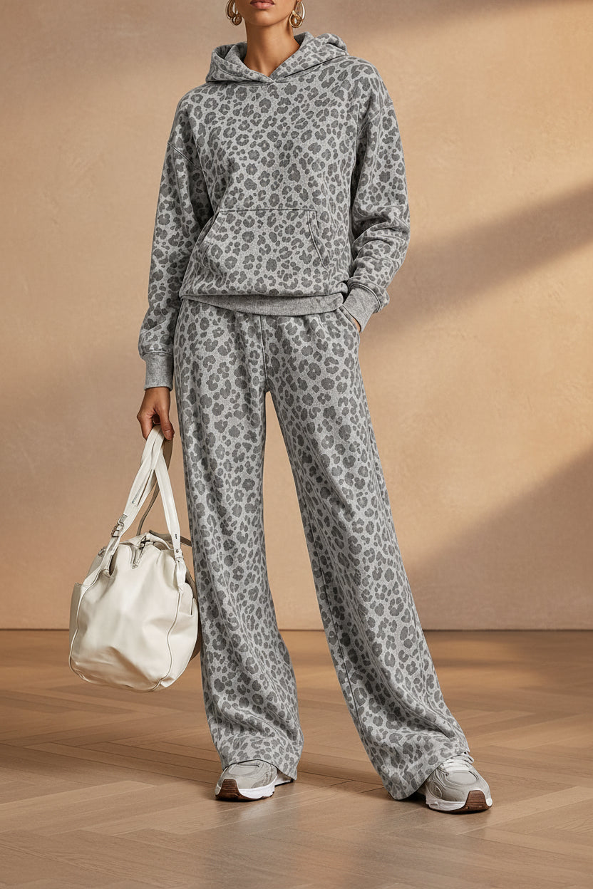 Women's Washed Leopard Print Oversized Hoodie & Wide-Leg Pants Set