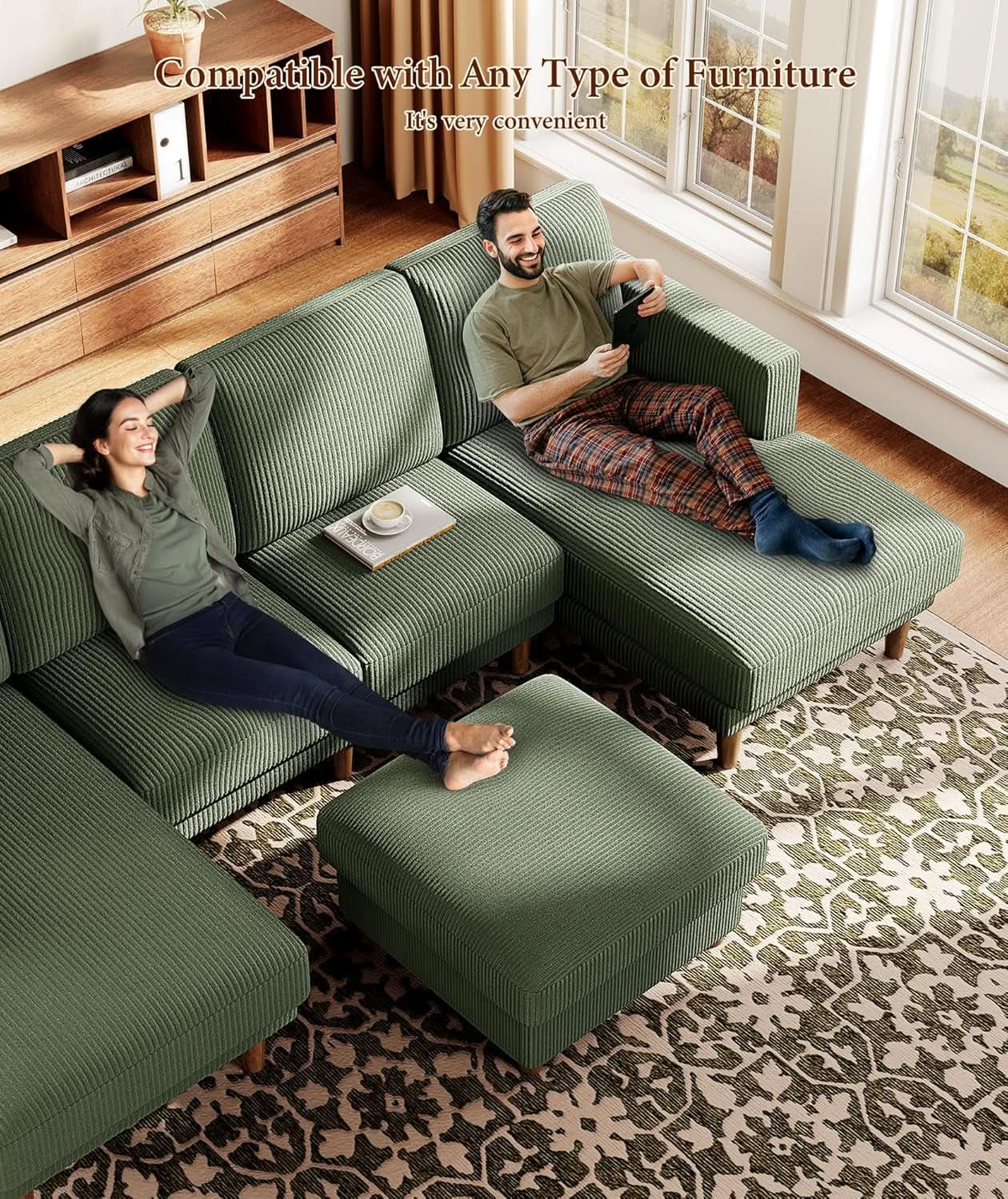 Emerald Corduroy Storage Ottoman 25 Inch Cushioned