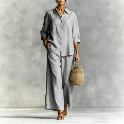 Cotton-Linen Shirt & Wide-Leg Pants Suit – 6 Colors, S–5XL