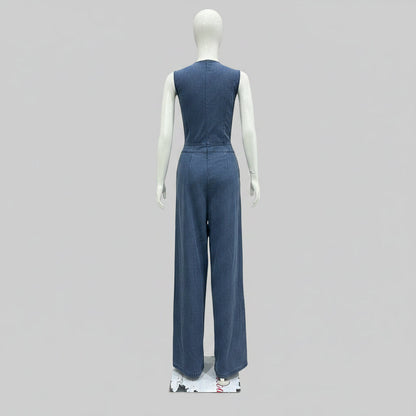 Women's Sleeveless Denim-Style Wide-Leg Jumpsuit