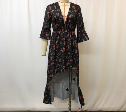 Women's Floral Printed Denim Patchwork Midi Dress — A-Line Half Sleeve