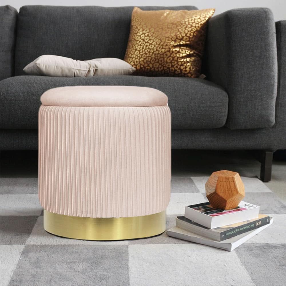 Bubblegum Pink Velvet Circular Ottoman With Storage