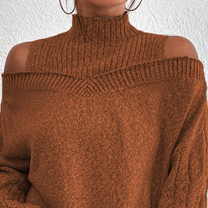 Women's Cold Shoulder Sweater - High Neck Cut Out Pullover Long Sleeve