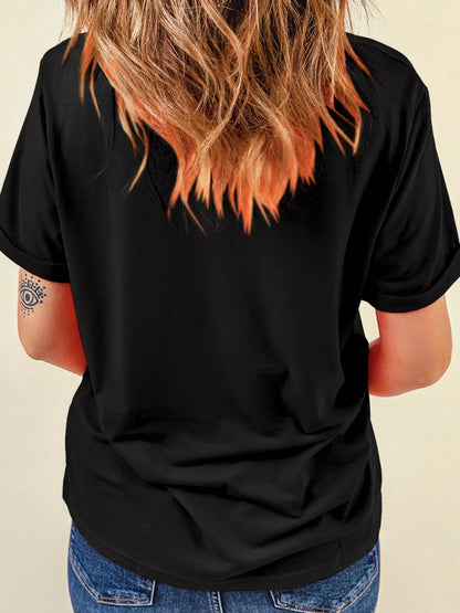 Sequin Love Heart Patched Crew Neck Casual Tee