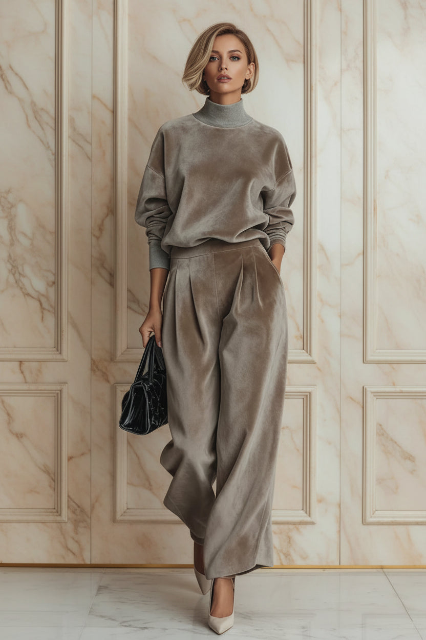 Women's Mock Turtleneck Balloon Sleeve Top & Pleated Wide-Leg Trousers Set