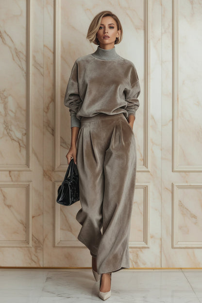 Women's Mock Turtleneck Balloon Sleeve Top & Pleated Wide-Leg Trousers Set