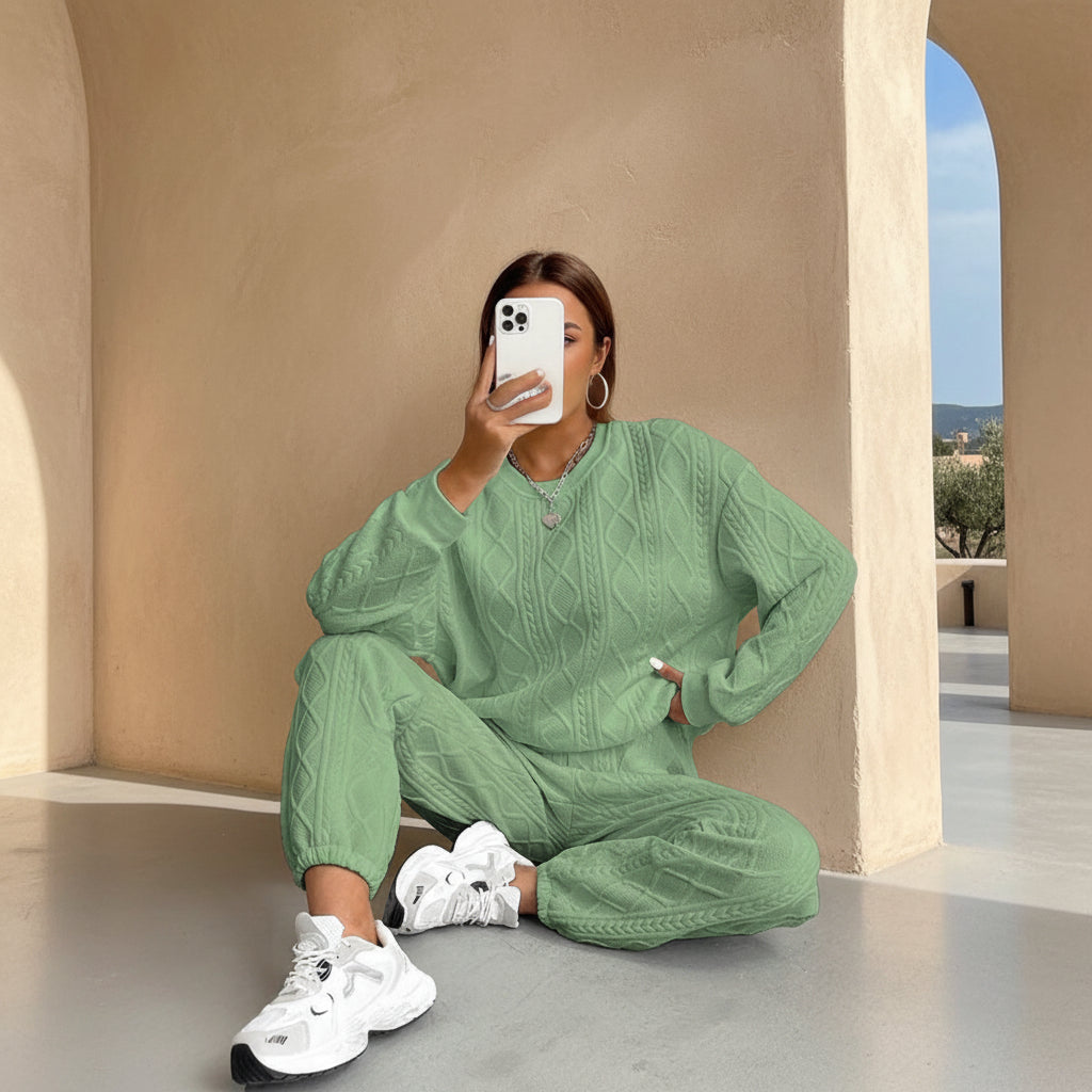 Women's Cable-Knit Texture Sweatshirt & Jogger Pants Set