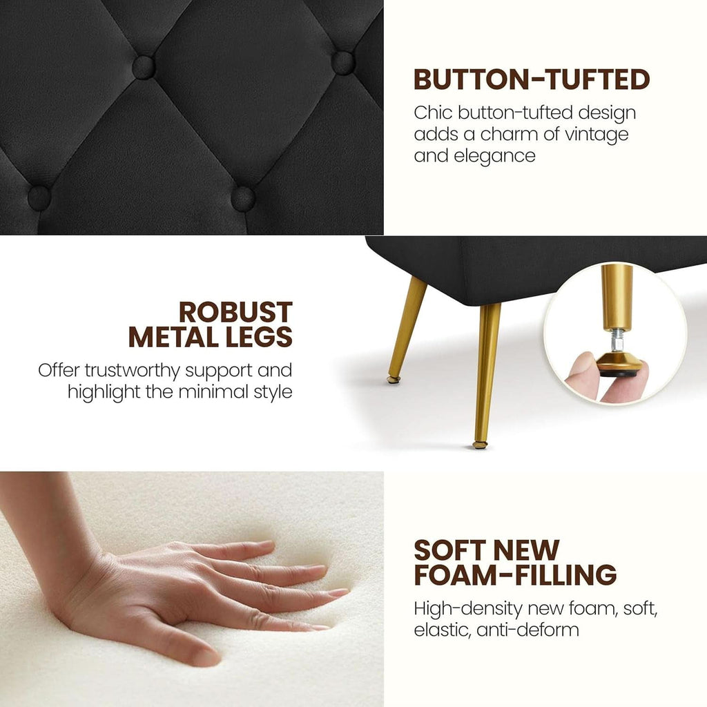 Black Velvet Upholstered Ottoman Bench Golden Legs
