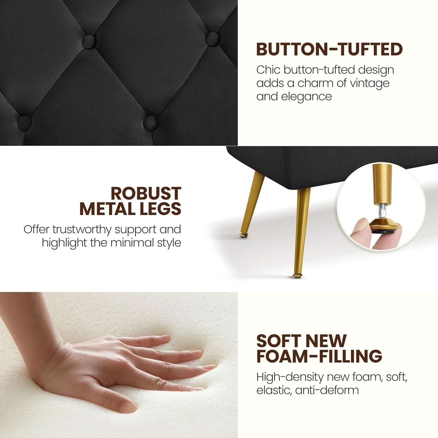 Black Velvet Upholstered Ottoman Bench Golden Legs