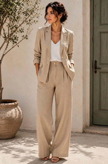 Women's Linen-Look Oversized Double-Breasted Blazer & Wide-Leg Pleated Trouser Suit Set
