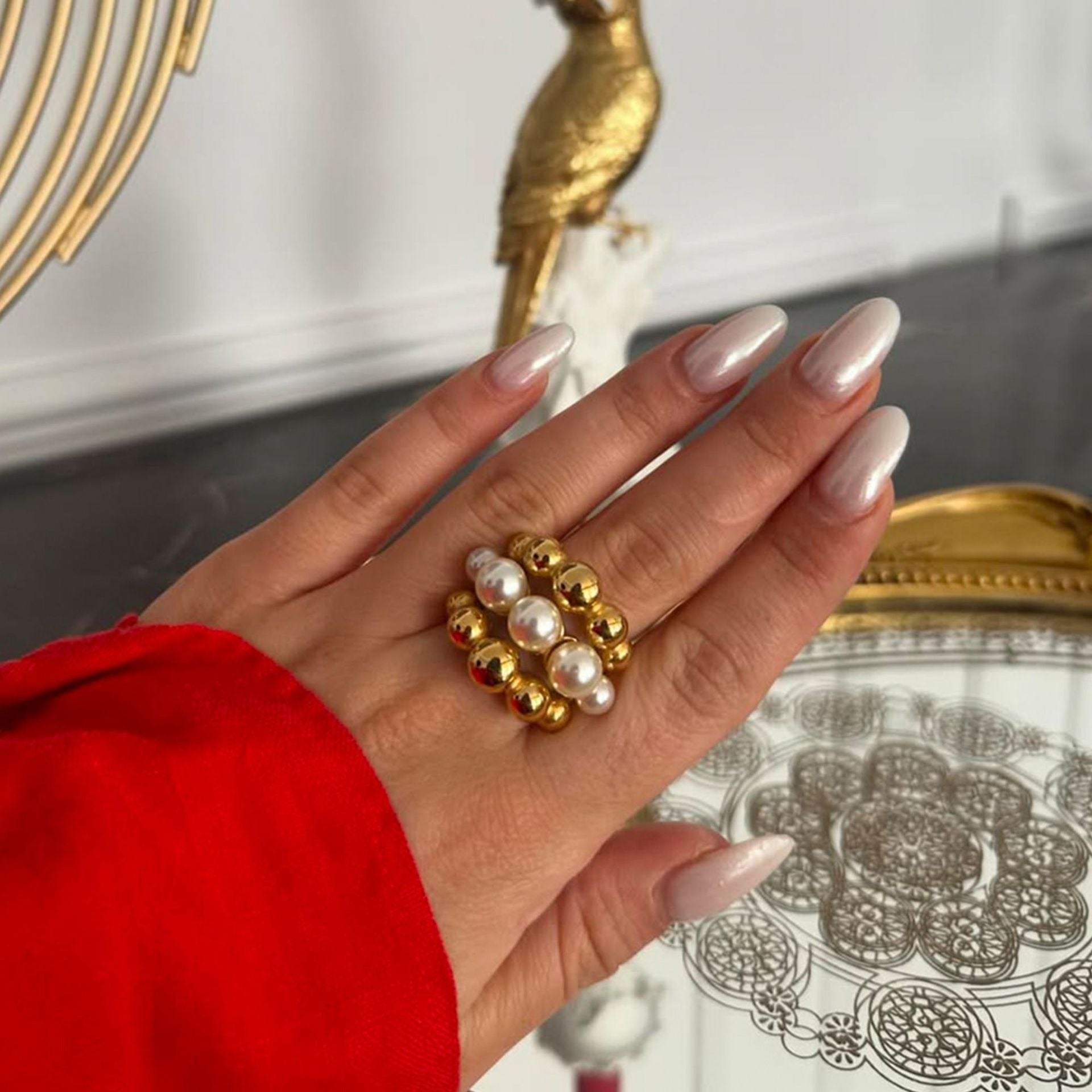 18K gold multi-layer round beads with pearl design exquisite high-end ring