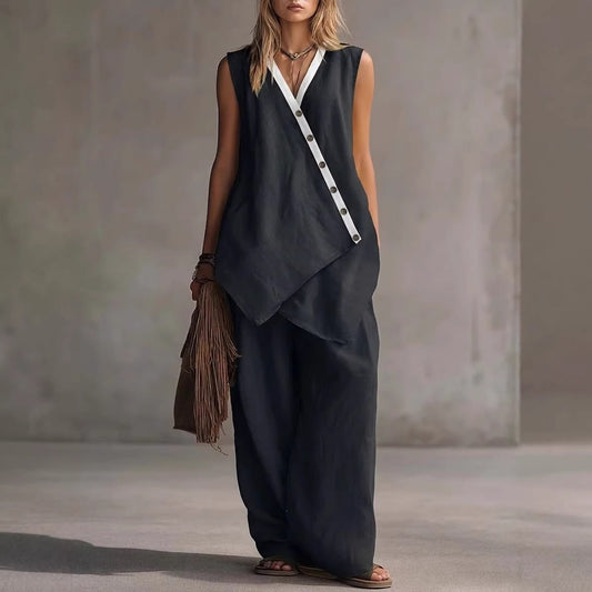 Women's Boho V-Neck Button Vest & Wide-Leg Pants Set