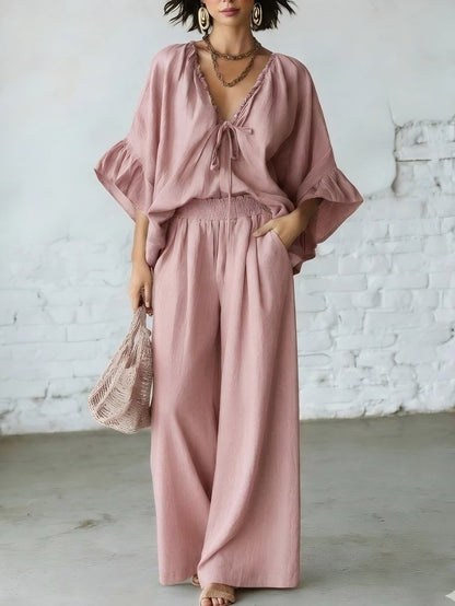Women's Loose-Fit V-Neck Top & Wide-Leg Pants Two-Piece Set