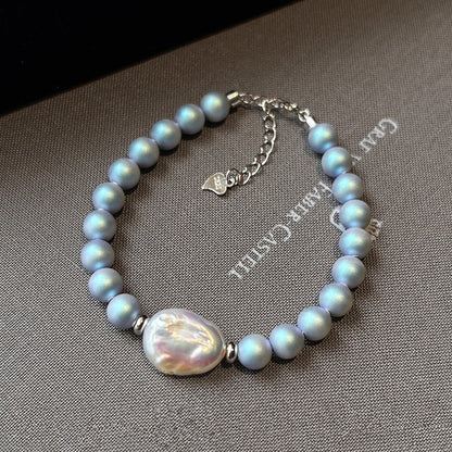 Freshwater Pearl Set: Iridescent Blue Pearl Necklace, Bracelet, and Hoop Earrings