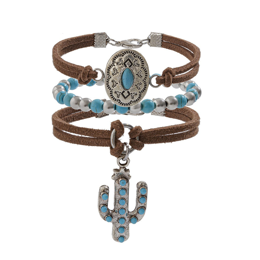 Imitation Turquoise Cactus Tag Bracelet Set