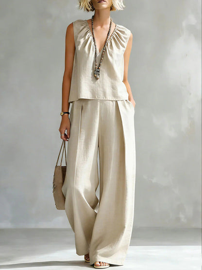 Women's Sleeveless Cotton-Linen Shirt & Pants Set – Urban 2-Piece