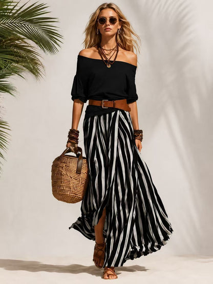 Women's One-Shoulder Bubble Sleeve Top & Stripe Skirt 2-Piece Set