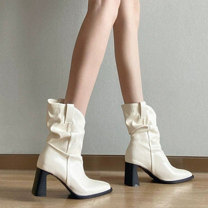 Women's French Luxury Ruched Square Toe Block Heel Slouch Ankle Boots