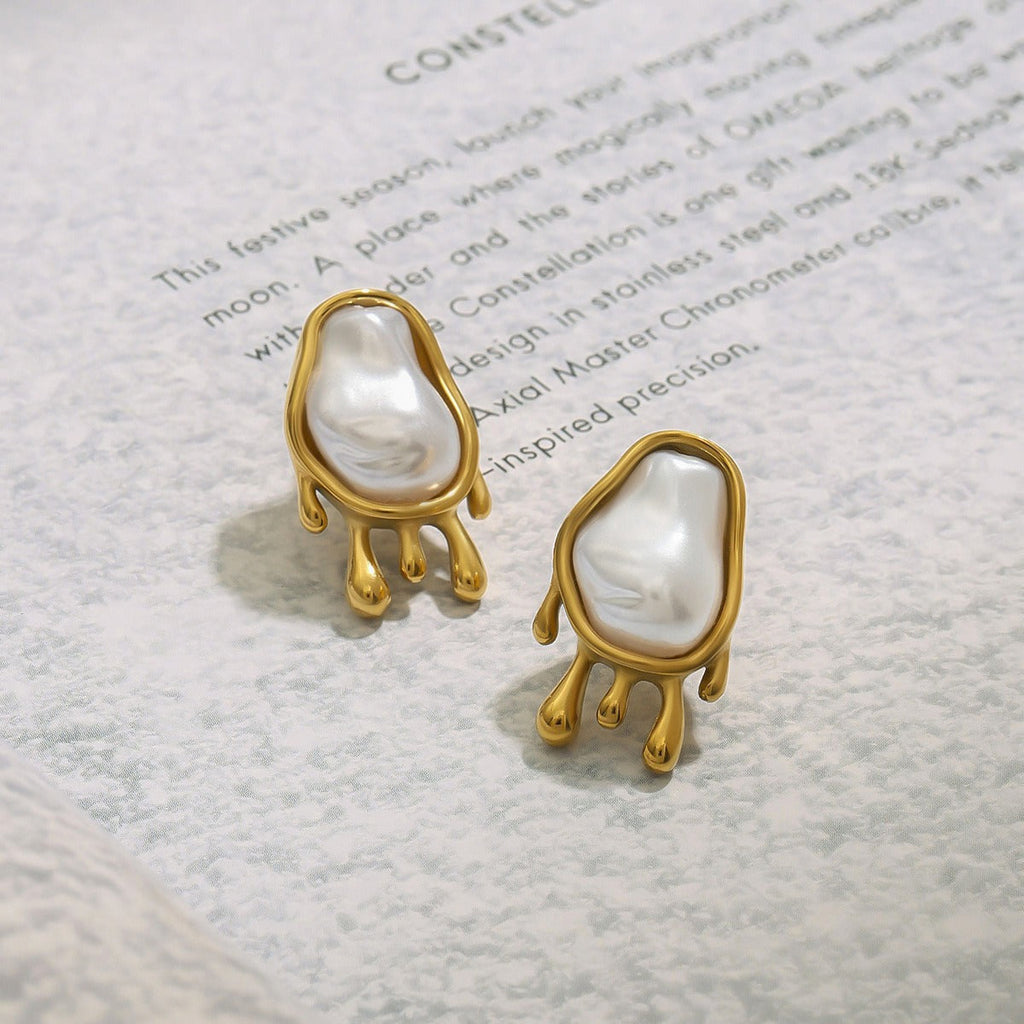 18K gold geometric oval inlaid irregular pearl design exquisite noble earrings