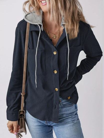 Plus Size Casual Corduroy Button-Down Hooded Jacket