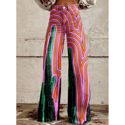 Women's Printed Flare Pants – Mid-Waist Full Length Plus Size