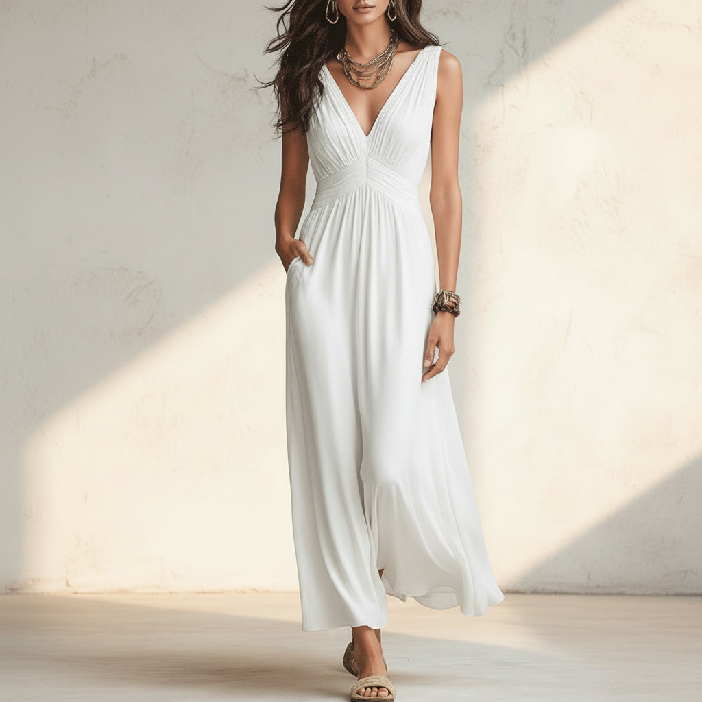 Women's Open-Knit Asymmetric Cape & Ruched V-Neck Fluid Maxi Dress Set