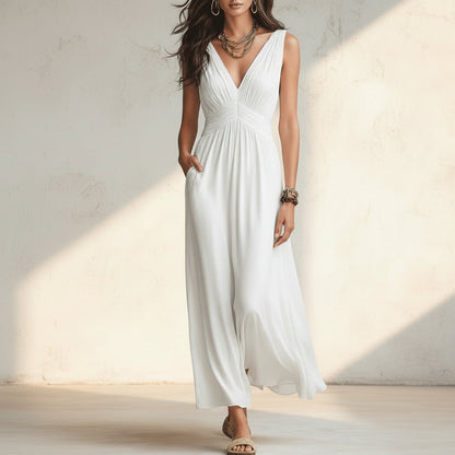 Women's Open-Knit Asymmetric Cape & Ruched V-Neck Fluid Maxi Dress Set