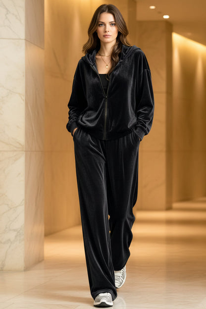 Women's Velvet Zip-Up Hoodie & Wide-Leg Pants Set