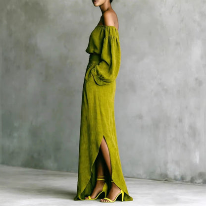Off-Shoulder Top & Asymmetrical Maxi Skirt Set – Women's 2-Piece Outfit