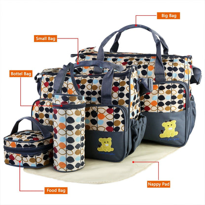 5PCS Baby Nappy Diaper Bags Set Mummy Diaper Shoulder Bags w/ Nappy Changing Pad Insulated Pockets Travel Tote Bags For Mom Dad