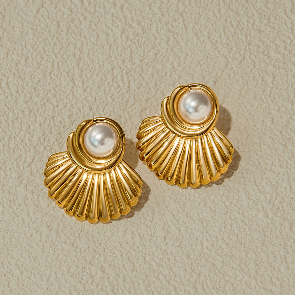 18K gold geometric inlaid pearls exquisite design noble earrings