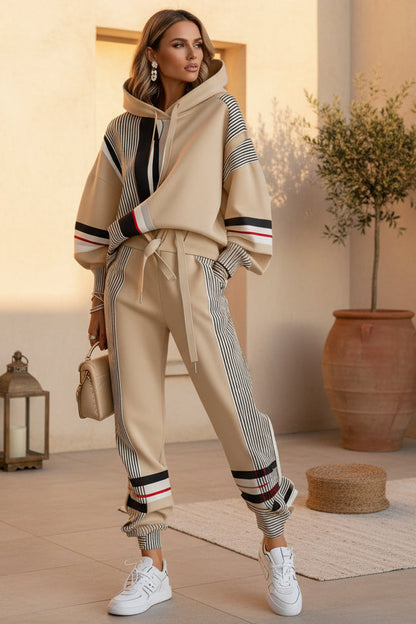 Women's Oversized Color-Block Stripe-Panel Hoodie & Jogger Pants Tracksuit Set