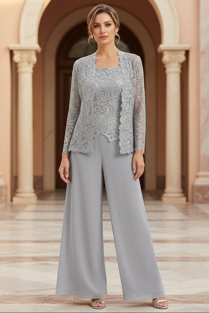 Women's Floral Lace Jacket & Top & Chiffon Wide-Leg Pants Three-Piece Formal Set – 12 Colors US0–14