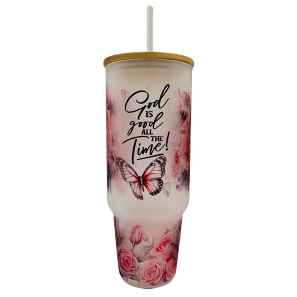 32oz or 40oz God Is Good All The Time custom Sublimation Printed Clear or Frost Glass Tumbler, Mug, Cup with Handle