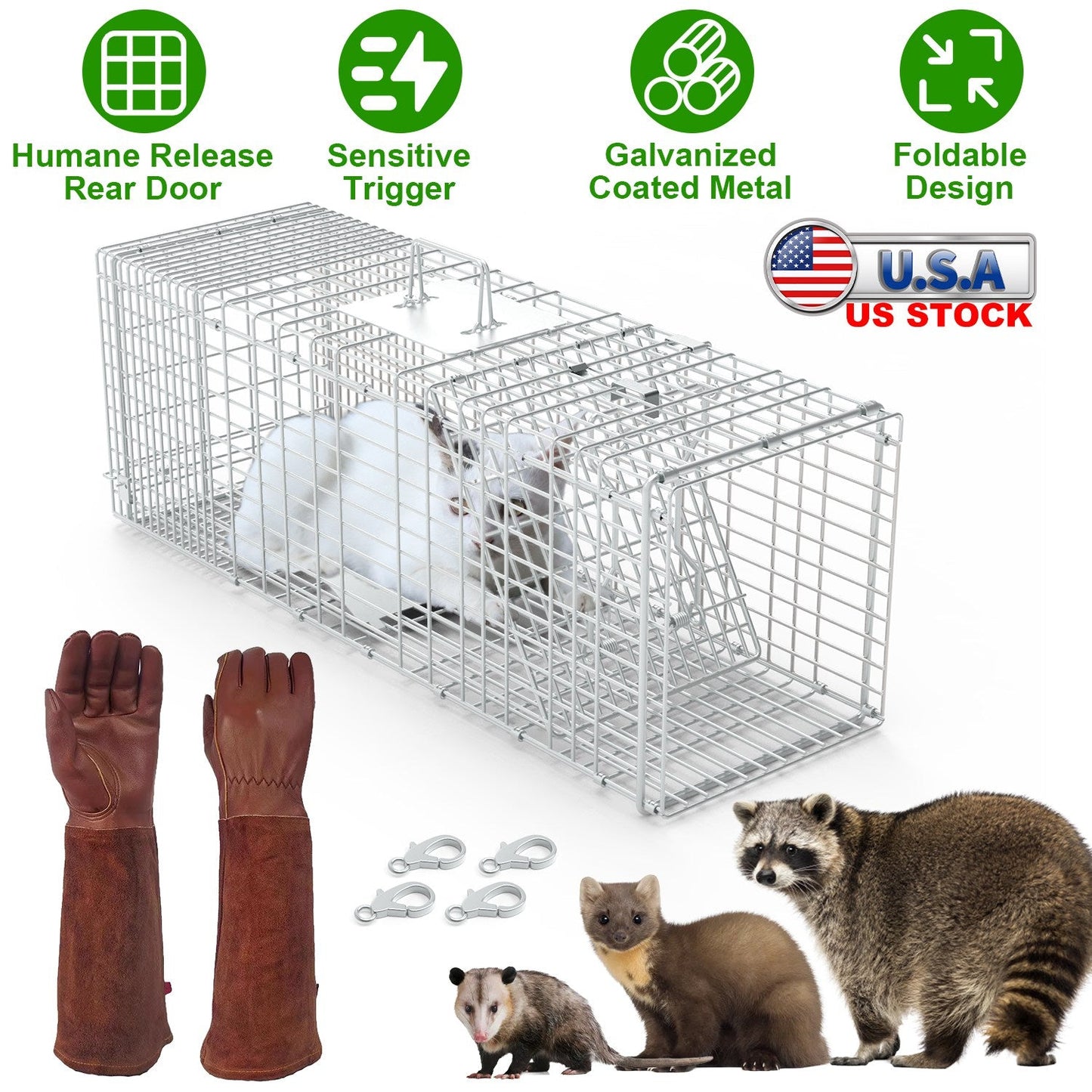 Humane Cat Trap Cage With Gloves Catch Release Live Animal Rodent Cage Collapsible Galvanized Wire for Raccoons Beavers Groundhogs Foxes Armadillos