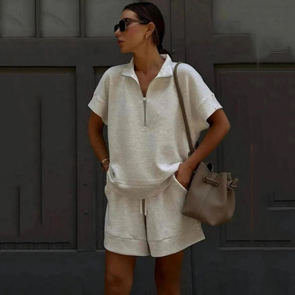 Women's Solid Color Sweatshirt Set – Casual 2-Piece Short Top & Pants