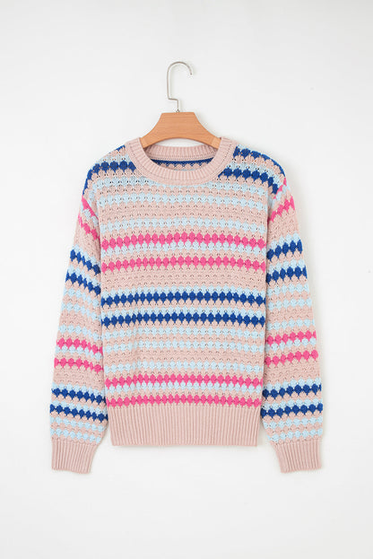 Khaki Striped Eyelet Pattern Drop Shoulder Sweater